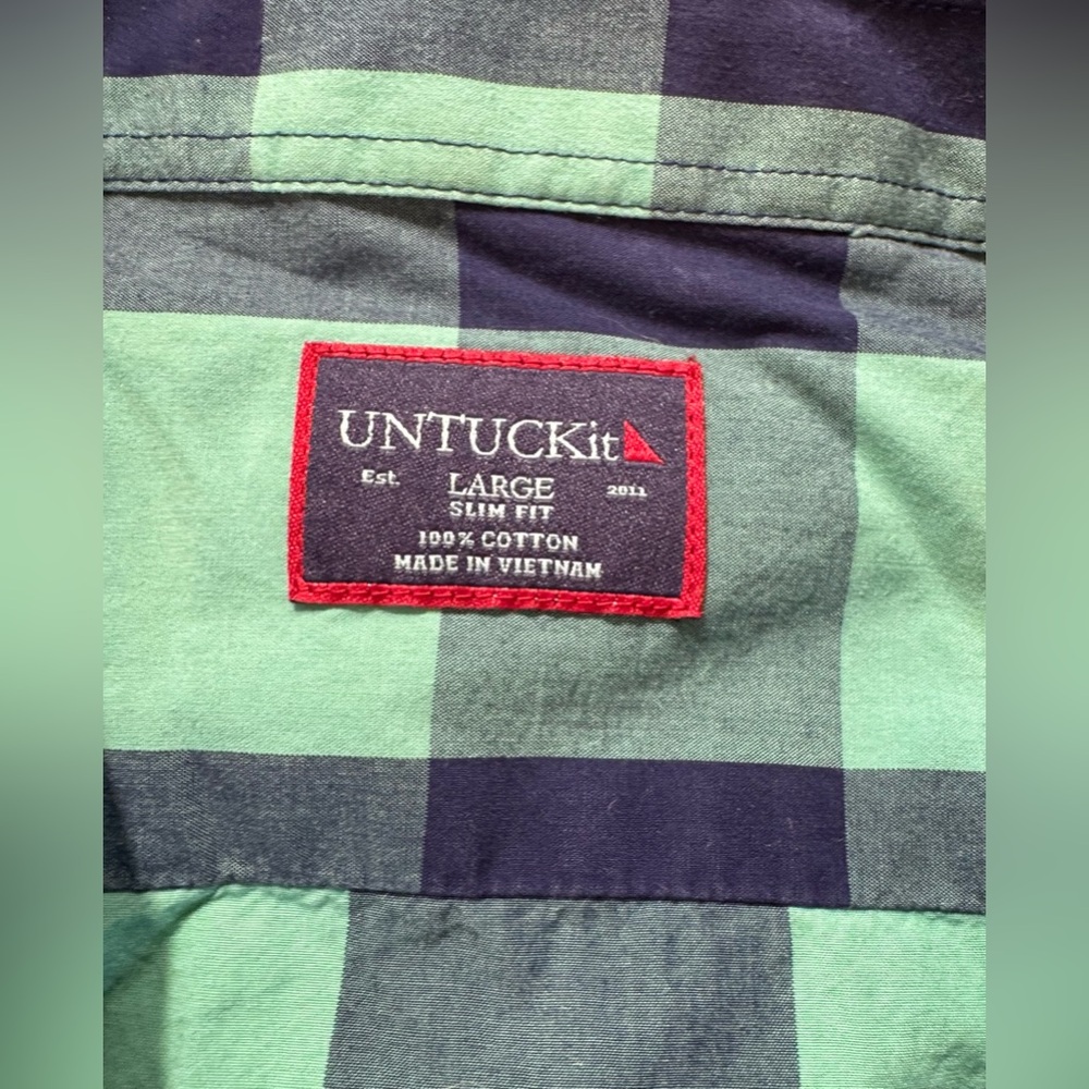 UNTUCKit Green Blue Plaid Long Sleeve Button Up Shirt Men's size L Slim Fit - Picture 4 of 5